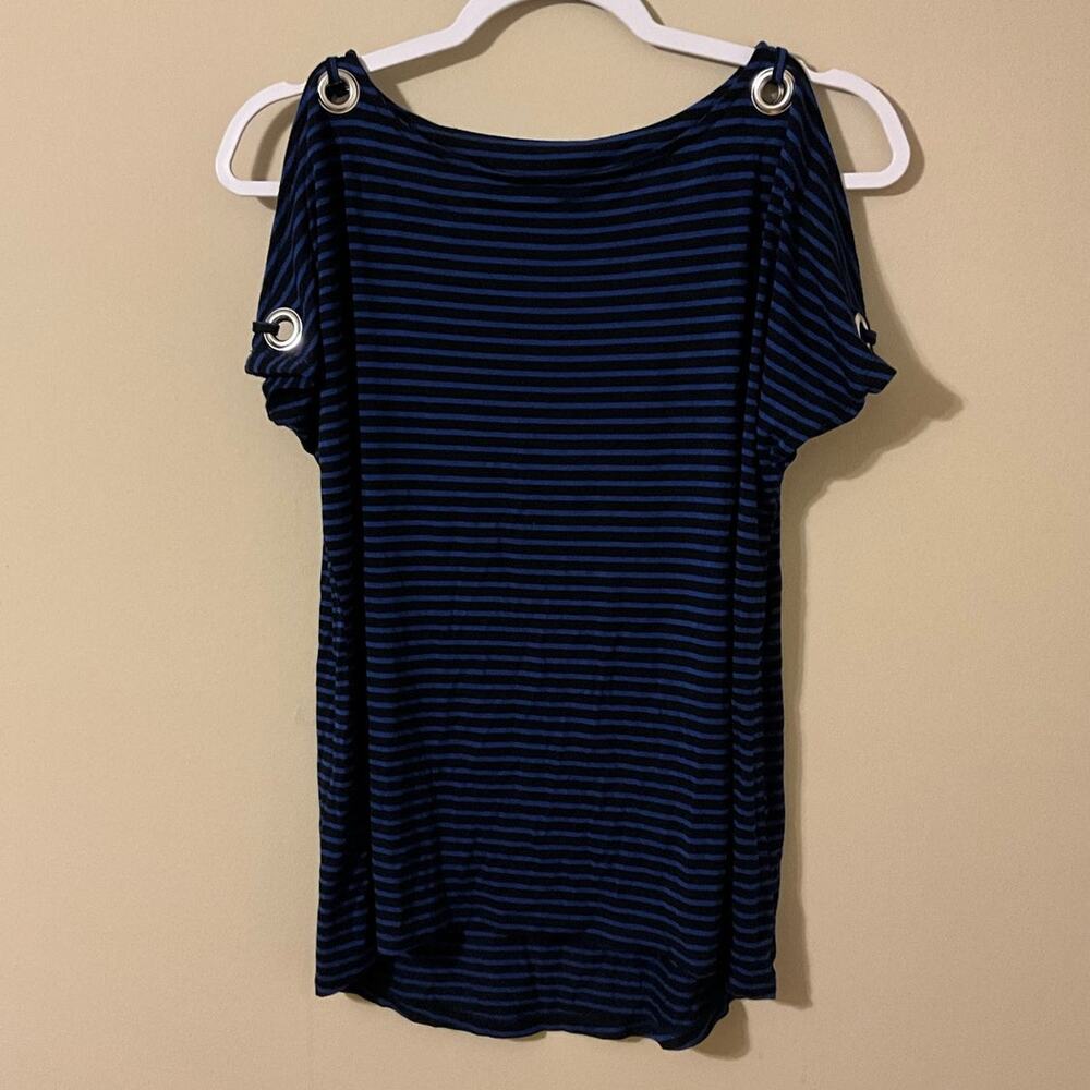Cable And Gauge Black And Blue Striped Top With Metal Circles On Shoulder